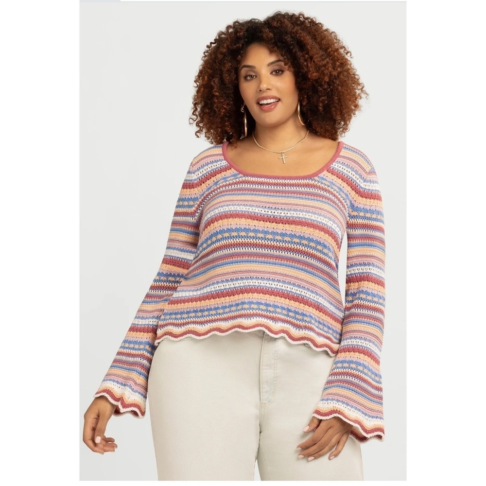 Jessica Simpson Pointelle Cotton Knit‎ Sweater Scallop Hem 1X Cottage Boho Chic
